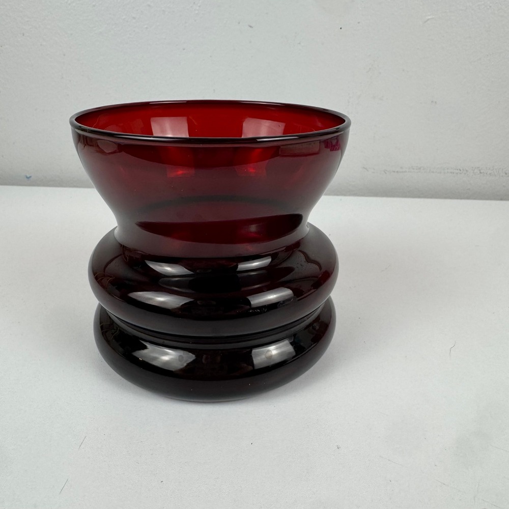 Vtg Ruby Red Art Glass Vase Mid Century Modern Double Bulb Flared Rim